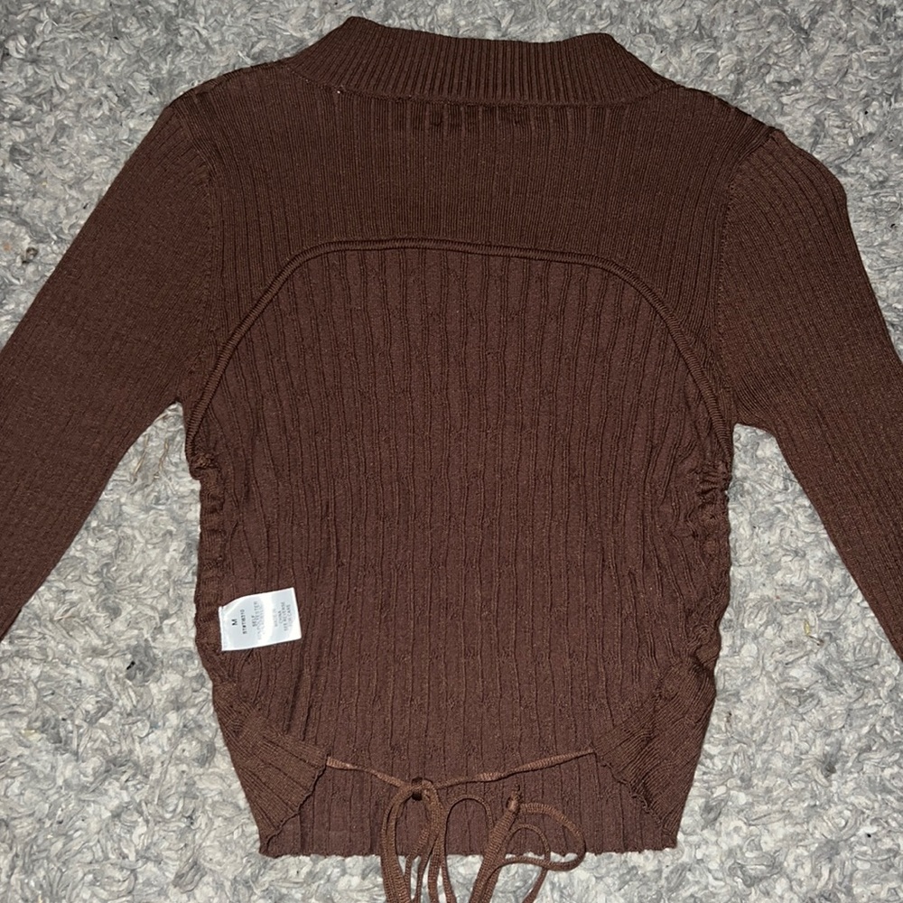 Brown crocheted long sleeve with open back by: Better Be; Size: Women’s Medium